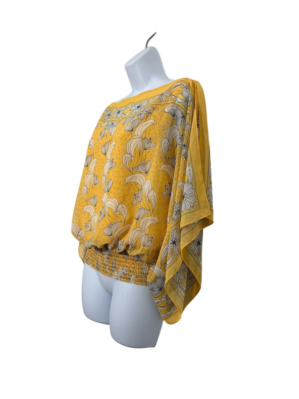 Max Studio Yellow Floral Artsy Kimono Sleeve Blouse Smocked Hem Resortwear SzL